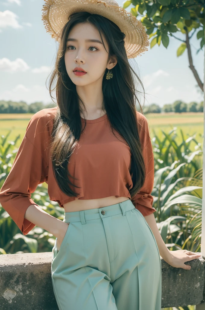 (((best quality))),(((ultra detailed))),(((masterpiece))),illustration,1girl, standing,corn plants field, summer, vibrant red shirt, green pants, casual elegance, straw hat, hair flowing, gentle waves, face partially hidden, eyes scanning, contentment, heat, cool composed, cornfield stretching, green leaves undulating, sun rays, soil steaming, weight of heat, resilience, love for nature, sky, blue, white clouds, drama, lazy river, meandering, vibrant hues, birds soaring, tweets echoing, summer's day, beauty of nature, spirit of girl, at one with surroundings, moment frozen in time, memory cherished, revisited