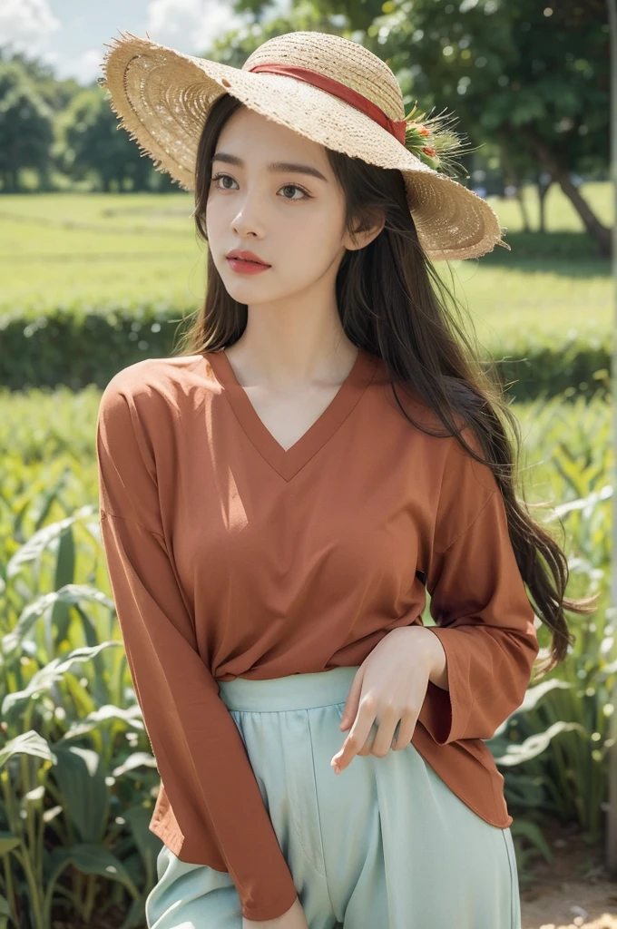 (((best quality))),(((ultra detailed))),(((masterpiece))),illustration,1girl, standing,corn plants field, summer, vibrant red shirt, green pants, casual elegance, straw hat, hair flowing, gentle waves, face partially hidden, eyes scanning, contentment, heat, cool composed, cornfield stretching, green leaves undulating, sun rays, soil steaming, weight of heat, resilience, love for nature, sky, blue, white clouds, drama, lazy river, meandering, vibrant hues, birds soaring, tweets echoing, summer's day, beauty of nature, spirit of girl, at one with surroundings, moment frozen in time, memory cherished, revisited