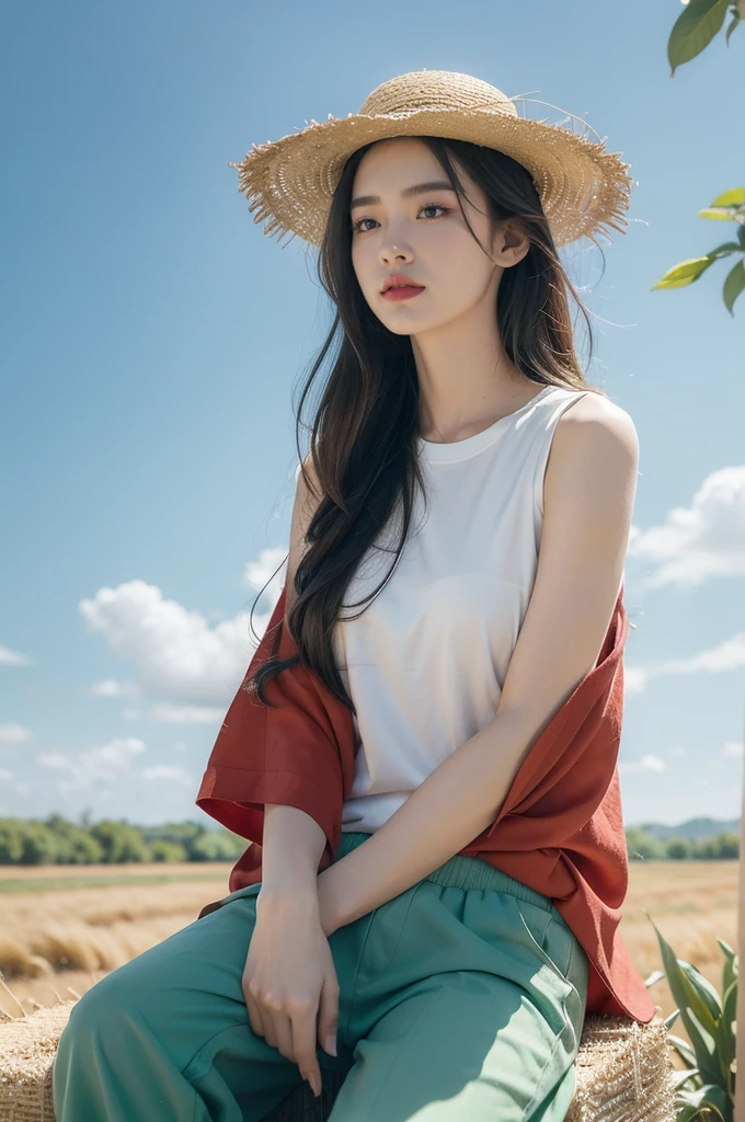(((best quality))),(((ultra detailed))),(((masterpiece))),illustration,1girl, standing,corn plants field, summer, vibrant red shirt, green pants, casual elegance, straw hat, hair flowing, gentle waves, face partially hidden, eyes scanning, contentment, heat, cool composed, cornfield stretching, green leaves undulating, sun rays, soil steaming, weight of heat, resilience, love for nature, sky, blue, white clouds, drama, lazy river, meandering, vibrant hues, birds soaring, tweets echoing, summer's day, beauty of nature, spirit of girl, at one with surroundings, moment frozen in time, memory cherished, revisited