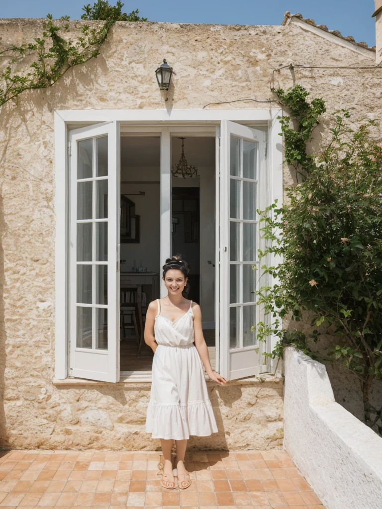 her name is Amelie, high quality, 1girl, ((25-year-old fit Caucasian woman)), ((25 years old)), ((BODY TYPE: HOURGLASS)), ((Space Buns HAIR)), SMILING, pose: SEXY POSE, wearing SEXY LINGERIE VARIETY colored, BACKGROUND:"A Mediterranean villa with terracotta tiles, whitewashed walls, and French doors opening onto a sun-drenched terrace with sea views."