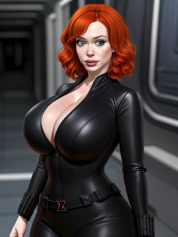 Imagine 48 year old Christina Hendricks playing the role as the fictional character of Natasha Romanoff/Black Widow from the Marvel Cinematic Universe, (full-length body:1.2)