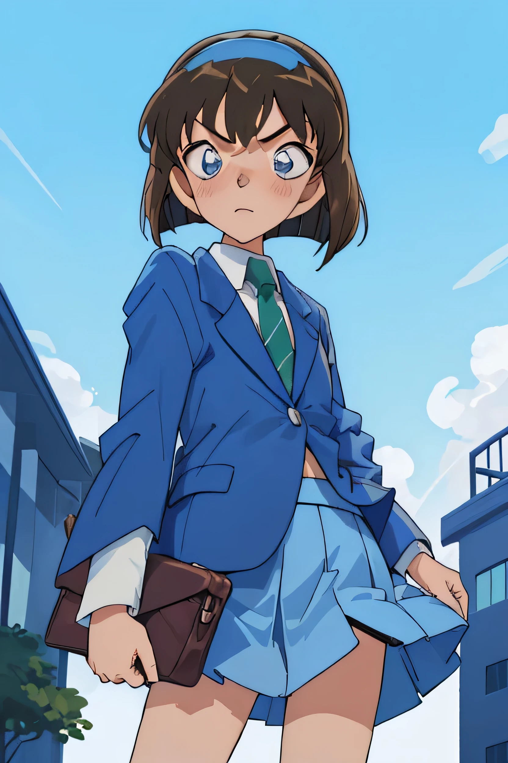 ((masterpiece)), (8k, expensive_solve), (clear_image),((One girl, alone)), (Highest quality), (meitantei conan \(style\), Detective Conan \(style\), meitantei conan), alone, Beautiful eyes and fine face, ((Embarrassed expression)),((One girl, alone)), Medium chest, (slim, thin), ((short hair, hair band)), ((school uniform, Green tie, White shirt, Blue blazer, Blue jacket, Blue Skirt:1.2)), From below,