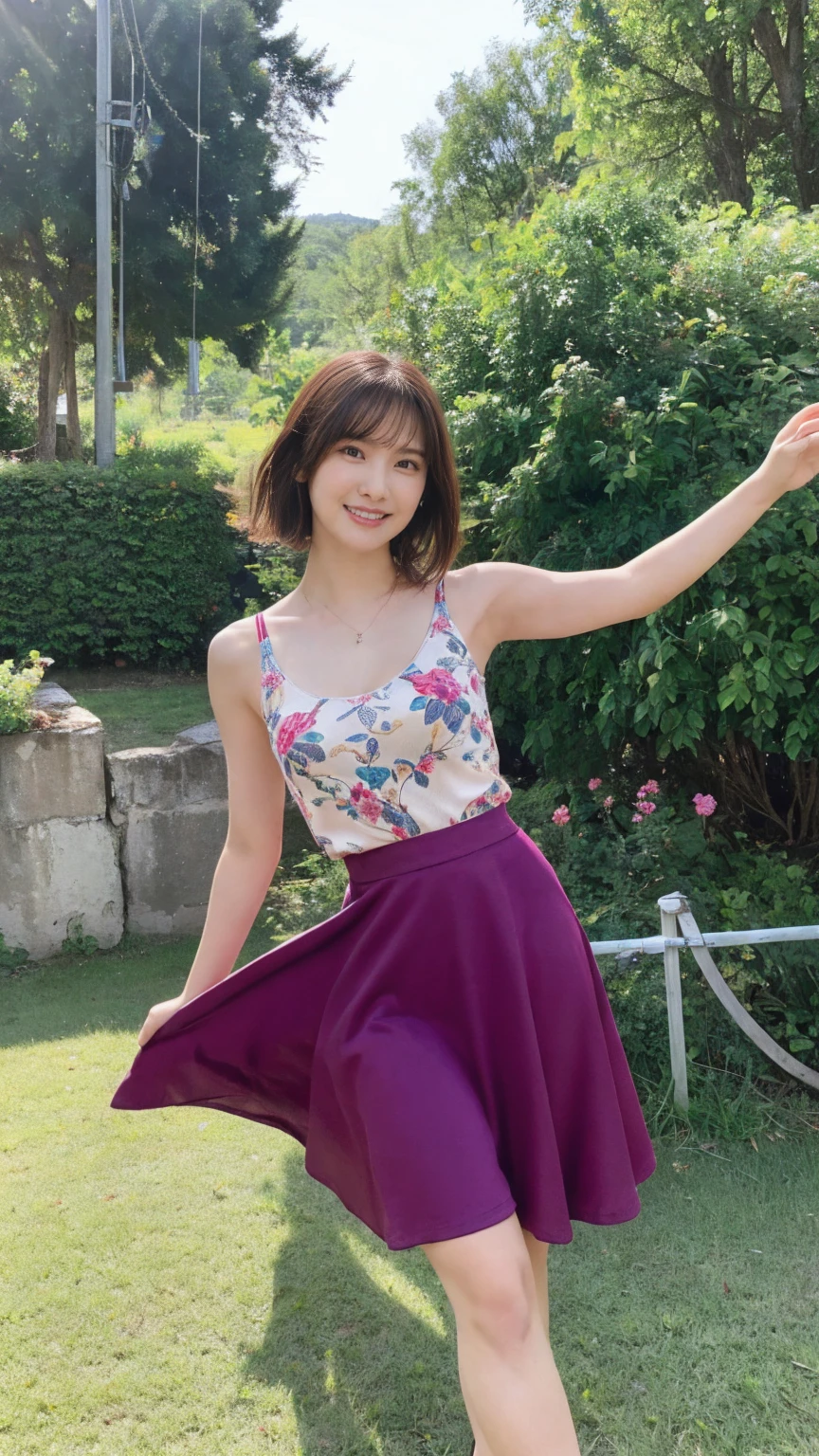 ((masterpiece)),(((Highest quality))),A low-angle shot that emphasizes her beautiful thighs and crotch:1.5,Long legs,The best smile:1.5,Slender figure:1.5,whole body:1.5,(One Girl:1.3),(Viewer Display:1.4),(Pointy high heels:1.3),(Stand with legs apart on the top of a mountain:1.2),(Wearing a long skirt dress with floral and plant patterns:1.2),Curly and golden hair:1.5,She pulls up her mid-length skirt dress to reveal her sexy magenta panties.:1.2,Raising his hands and jumping:1.5,