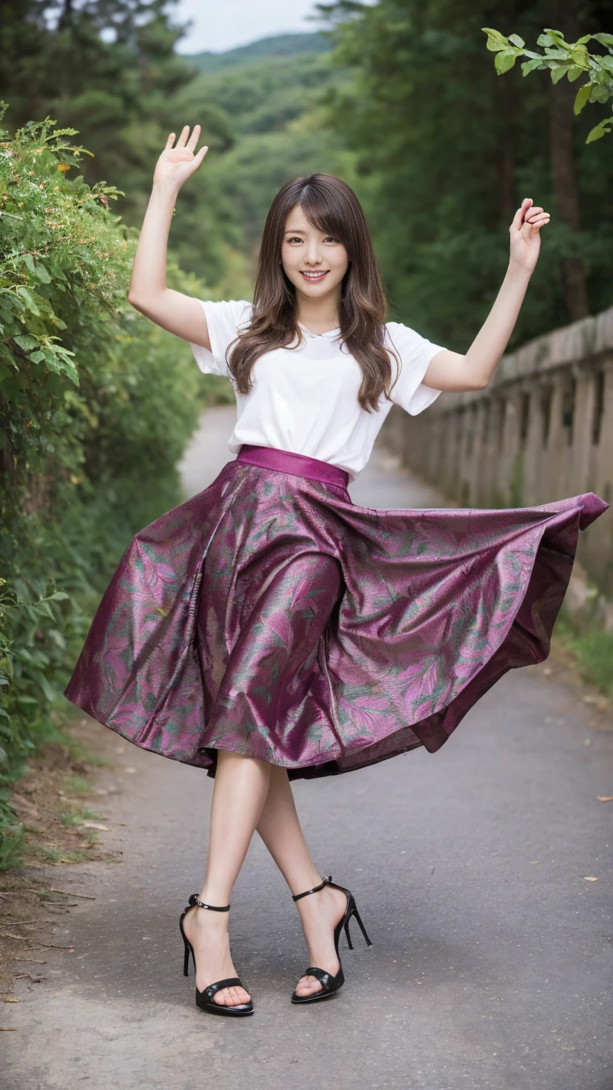 ((masterpiece)),(((Highest quality))),A low-angle shot that emphasizes her beautiful thighs and crotch:1.5,Long legs,The best smile:1.5,Slender figure:1.5,whole body:1.5,(One Girl:1.3),(Viewer Display:1.4),(Pointy high heels:1.3),(Stand with legs apart on the top of a mountain:1.2),(Wearing a long skirt dress with floral and plant patterns:1.2),Curly and golden hair:1.5,She pulls up her mid-length skirt dress to reveal her sexy magenta panties.:1.2,Raising his hands and jumping:1.5,