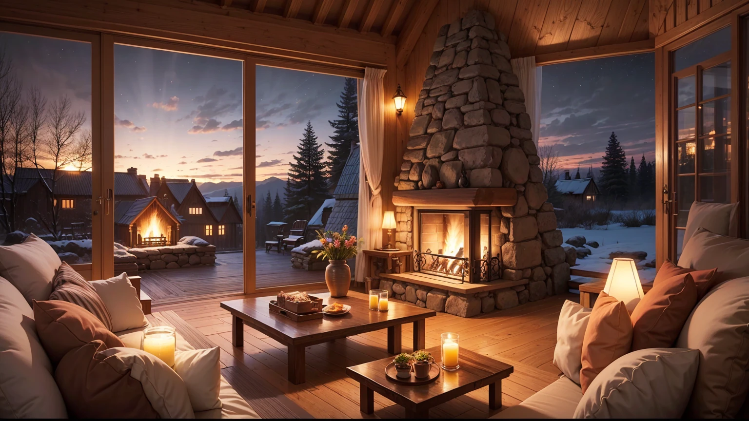 Cartoon background of wooden house living room, This night outside](Comfortable atmosphere), (Soft lighting), Bright stone fireplace fire, This is the best night, Transparent glass window