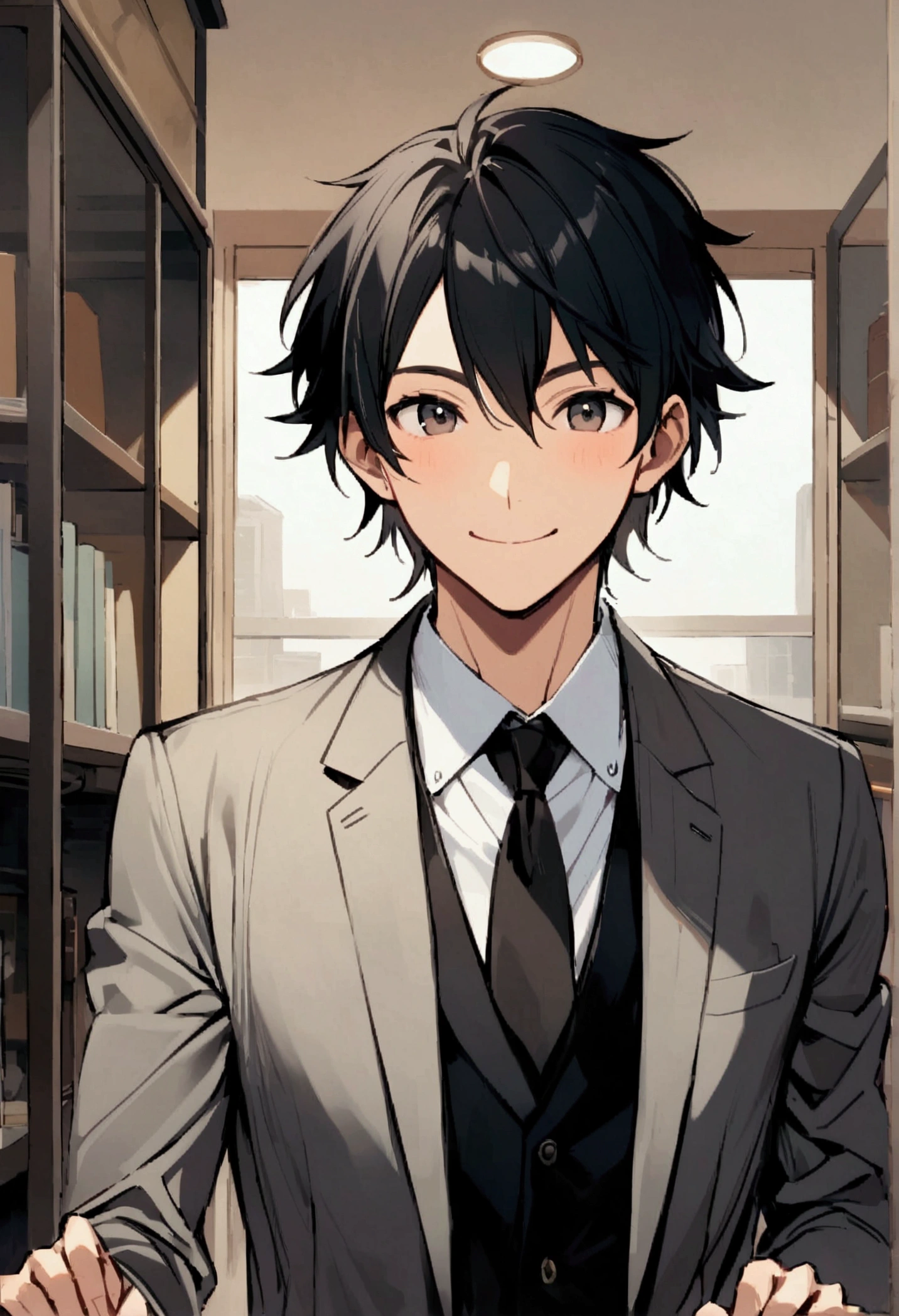 Man with short black hair, smile, Age 35, Inside the company, suit,