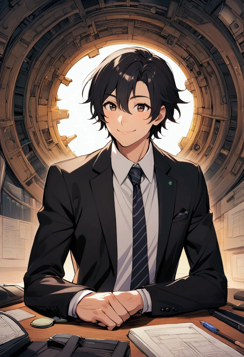 Man with short black hair, smile, Age 35, Inside the company, suit,