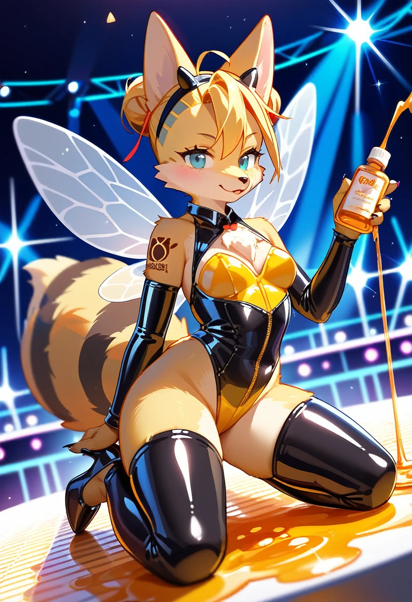 Highest quality, Highest quality, High quality illustrations, masterpiece, Ultra-high resolution, Detailed Background, club, Disco, Absurd, Perfect Anatomy, performance, Good lighting, Shadows in the movies(kemono, Furry Personifi猫ion), fox, Rubber Suit, Honey Latex, Honey lotion, neon, neonカラー, cyber punk, Bee costume, Bee Cosplay, Rubber bee tail, Bee Wings, enamel, Honey Pool, Kneeling, Tattoo, High heels, Dynamic Angle