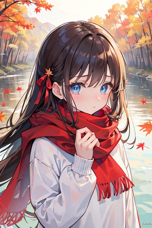 (masterpiece), Highest quality, Very detailed, shape, Warm lighting, Soft lighting, Bright colors, 1 girl, alone,( beautiful girl, Long Hair, blue eyes, ribbon, Brown Hair, Hair between the eyes, hair ribbon, Side Lock, very Long Hair, Messy Hair,) , autumn, Lots of maple trees, Maple Leaf, Golden Leaf, autumn leaves, Dry leaves, river, fresh air, peace, Cool breeze , Sweater Weather,( Wear a white or brown sweater, Red scarf, melancholyなautumn, Lost in Thought, melancholy, sad ,Worried, longing,)