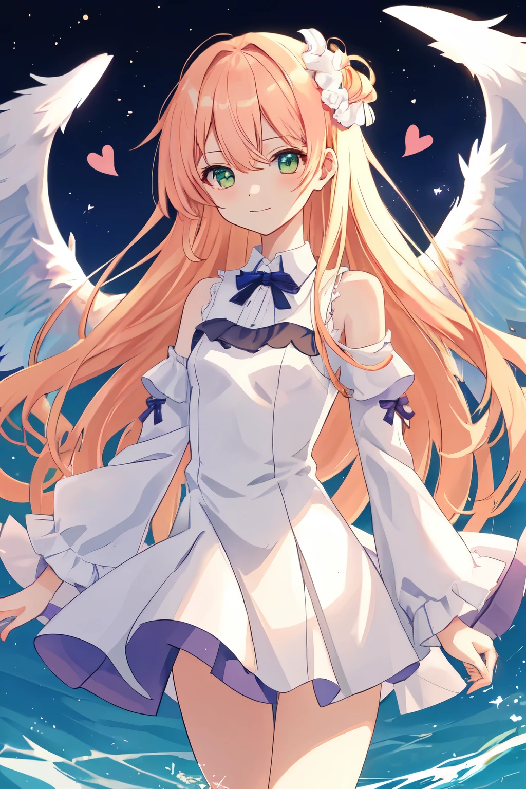 1_girl, (anime, kawai:2), (masterpeice, best_quality, clean:1.5), (sky_background:1.2), (cute, cute_smile, wholesome, young:1.8), (delicate, extremely_delicate, beautiful, thin:1.5), (girlfriend, angel:1.8), (green_eyes, simple_eyes:1.8) (long_hair, blond_hair, wearing_pink_dress, pink_angel_wings:1.5), (combat:1.2), extremely_delicate, (love_magic:1.5), (age_size_fits_body), (small_thighs:1.3), (breasts), (eye_level:1.3), (heart_magic, love:1.5), (folded_legs:1.5)