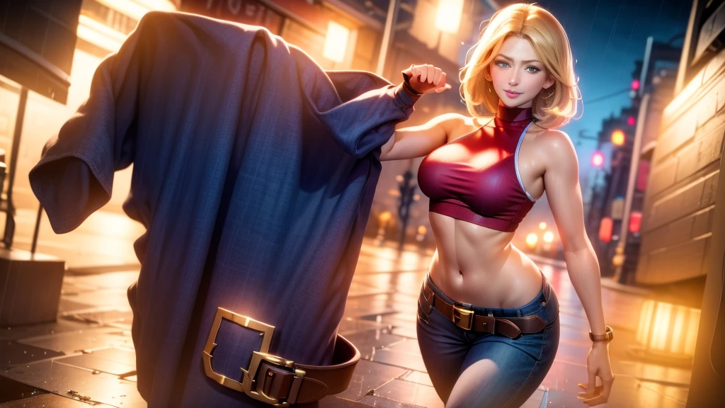 (at night), in a video game scene, a background of a beautiful city at night, raining, alone, standing at attention, red top, blue joggers, large brown belt hanging around her waist ((blond hair) ), 1 girl, 20 years old, young woman, perfect hands, beautiful fingers, beautiful long legs, beautiful body, beautiful nose, beautiful character design, perfect face, looking at viewer with serious gesture (focusing on her face), closed mouth , Light_Smile, official art, extremely detailed CG unity 8k wallpaper, perfect lighting, bright and colorful front lighting, glowing skin (masterpiece: 1.0), (best_quality: 1.0), ultra high resolution, 4K, ultra detailed photography, 8K , HDR, high resolution, absurdities:1.2, Kodak portra 400, film grain, blurred background, bokeh:1.2, lens flare, (vibrant_color:1.2), professional photography, (Beautiful, breasts: 1.4), (beautiful_face: 1.5 ), (narrow waist),