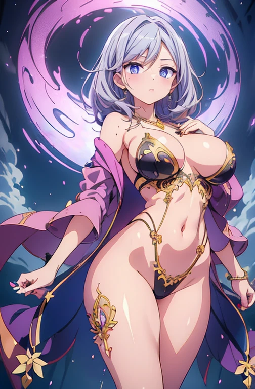 Anime Kawaii sexy Perfect Slim sensual body large breast and huge thighs, An intricate and highly detailed illustration of anime (Young girl). High definition RAW color image, animation,Carving, Silver Marble Skin, (((Elegant ultra detailed))), magical atmosphere, thin skin, texture,(confusingly detailed, Small parts, super detailed art), Depth of field, hips,silky touch, hyper-detailing, (pastel purple), gorgeous eyes, elegant face, Casual jacket, (trunk), neckless, to heaven, vento podrumyanivanie, bright sky background, Breasts huge