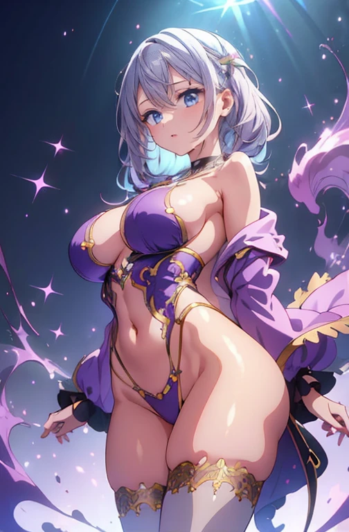 Anime Kawaii sexy Perfect Slim sensual body large breast and huge thighs, An intricate and highly detailed illustration of anime (Young girl). High definition RAW color image, animation,Carving, Silver Marble Skin, (((Elegant ultra detailed))), magical atmosphere, thin skin, texture,(confusingly detailed, Small parts, super detailed art), Depth of field, hips,silky touch, hyper-detailing, (pastel purple), gorgeous eyes, elegant face, Casual jacket, (trunk), neckless, to heaven, vento podrumyanivanie, bright sky background, Breasts huge