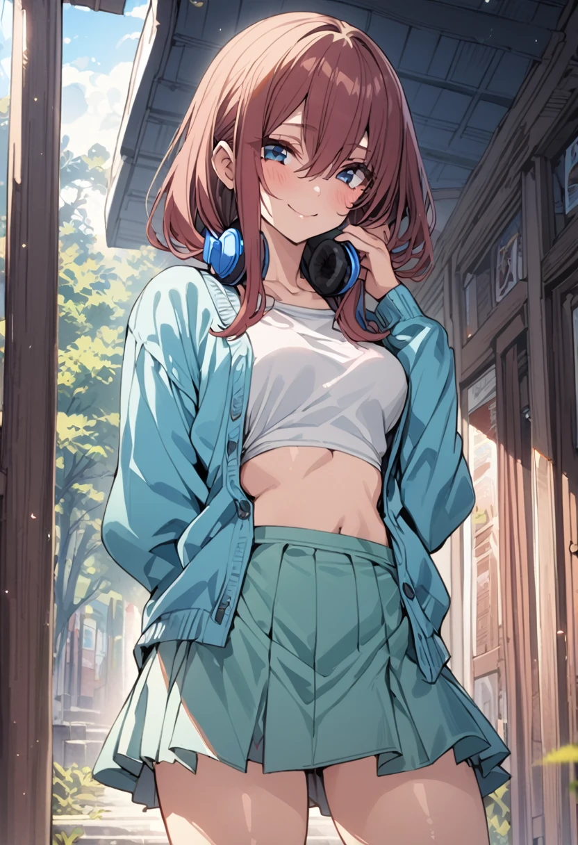 2d, masterpiece, best quality, anime, highly detailed, 1girl, solo, cowboy shot, nakano miku, brown hair, hair between eyes, blue cardigan, headphones, Crop top , skirt, miniskirt, medium breasts, standing, , outdoors, smile