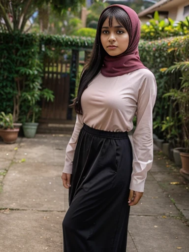 Young beautiful sweet Bogor city girl, 25 years old, her name is Salma, mixed  descent from sundanese and Javanese, slim sexy body, medium size teenage breasts,  big round  childish eyes, cute little hawk type nose, shy and quite type girl,  very messy sweaty  medium long black  hair with a bangs, big wide forehead, very sweet georgeus round childish face,  wearing very thin  hijab that covering all  her hairs  and ears, wearing pink thin long sleeve buttoned long dress, wearing thin trousers, wearing wedges,  standing cheerful at home yard, 