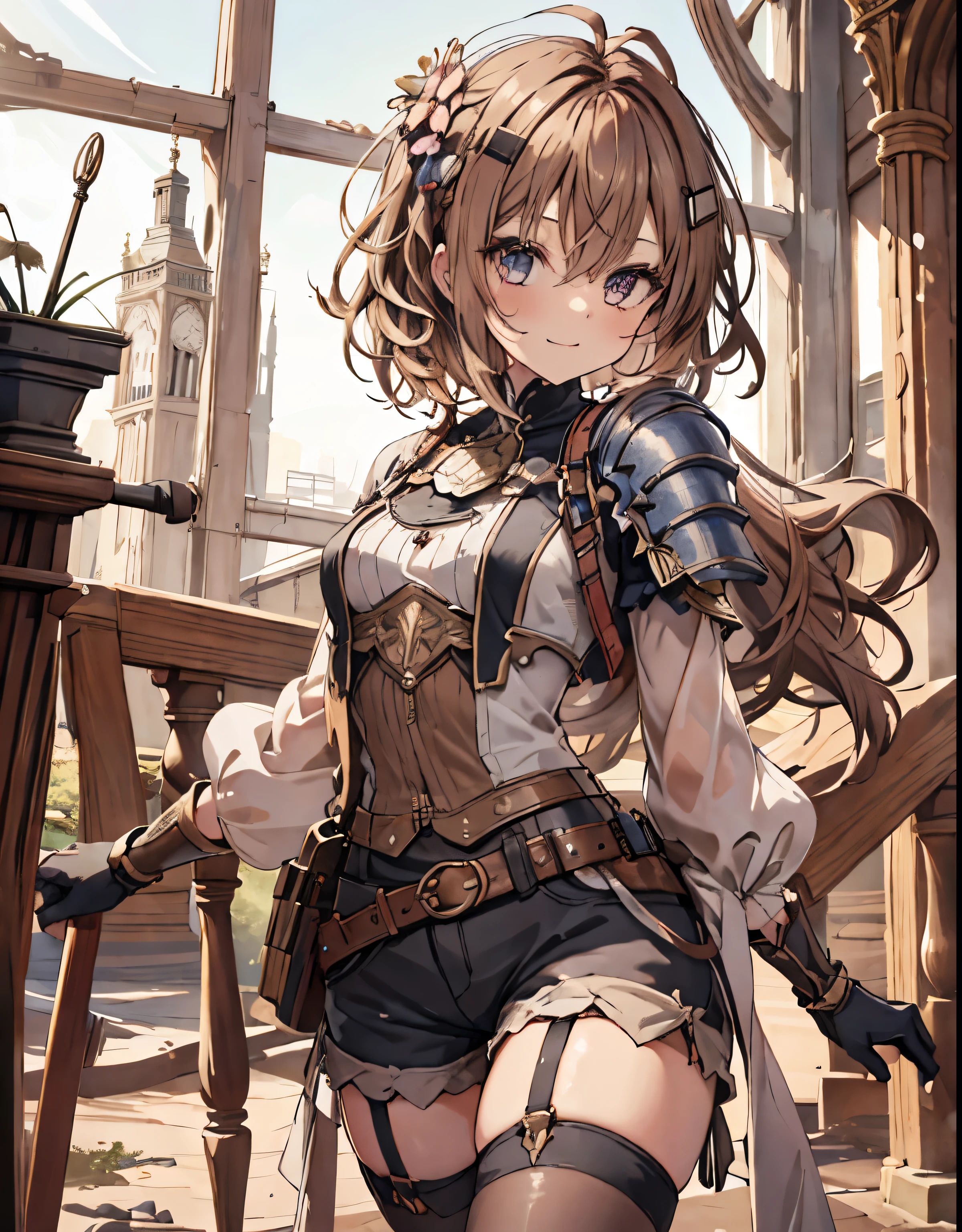 masterpiece, 1girl, sparrow, a brown haired girl, wearing a adventurer clothes, curly short hair, messy hair, slim body, he close her left eye, shirt ornament, ruby eyes, ahoge, baby face, small breast, beautiful breasts, rounded breasts, long sleeves, beautiful eyes, white stocking, droopy eyes, her age is 19 years old, azusa_bluearchive, seductive face, medium hair, smile, curly hair, knight armor, tight shorts