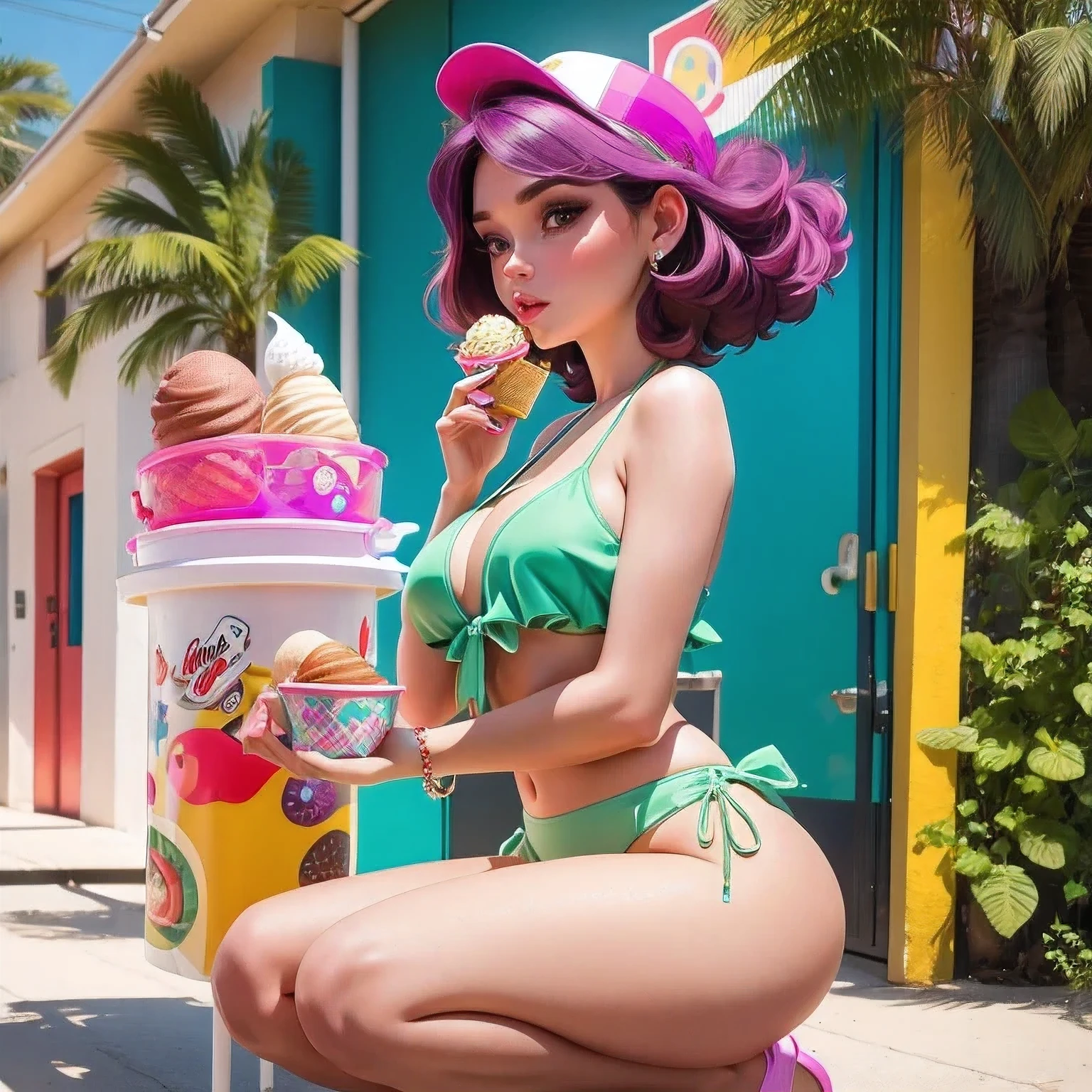 araffe1 girl in a bikini eating an ice cream cone, eating ice cream, in a bikini, angela white, giorgia meloni, katy perry, in bikini, eating ice - cream, wearing spandex bikini, ice cream on the side, bikini, ice cream, wearing a bikini, candid photo of dirty, shiny plastic bikini, candid shot, cone, 1 girl, solo，in a green dress standing by a wall,portrait of female idol,