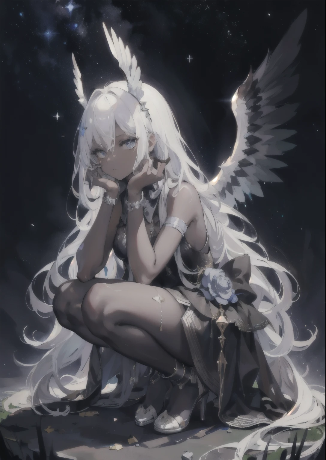 ((Highest quality)), ((masterpiece)), (detailed), One girl,Silver Hair,Long Hair,Dark Skin,Wearing a black sleeveless dress,Wear black high heels,Squatting pose on top of the tower,Starry Sky,cloud,Girl with wings,Look away