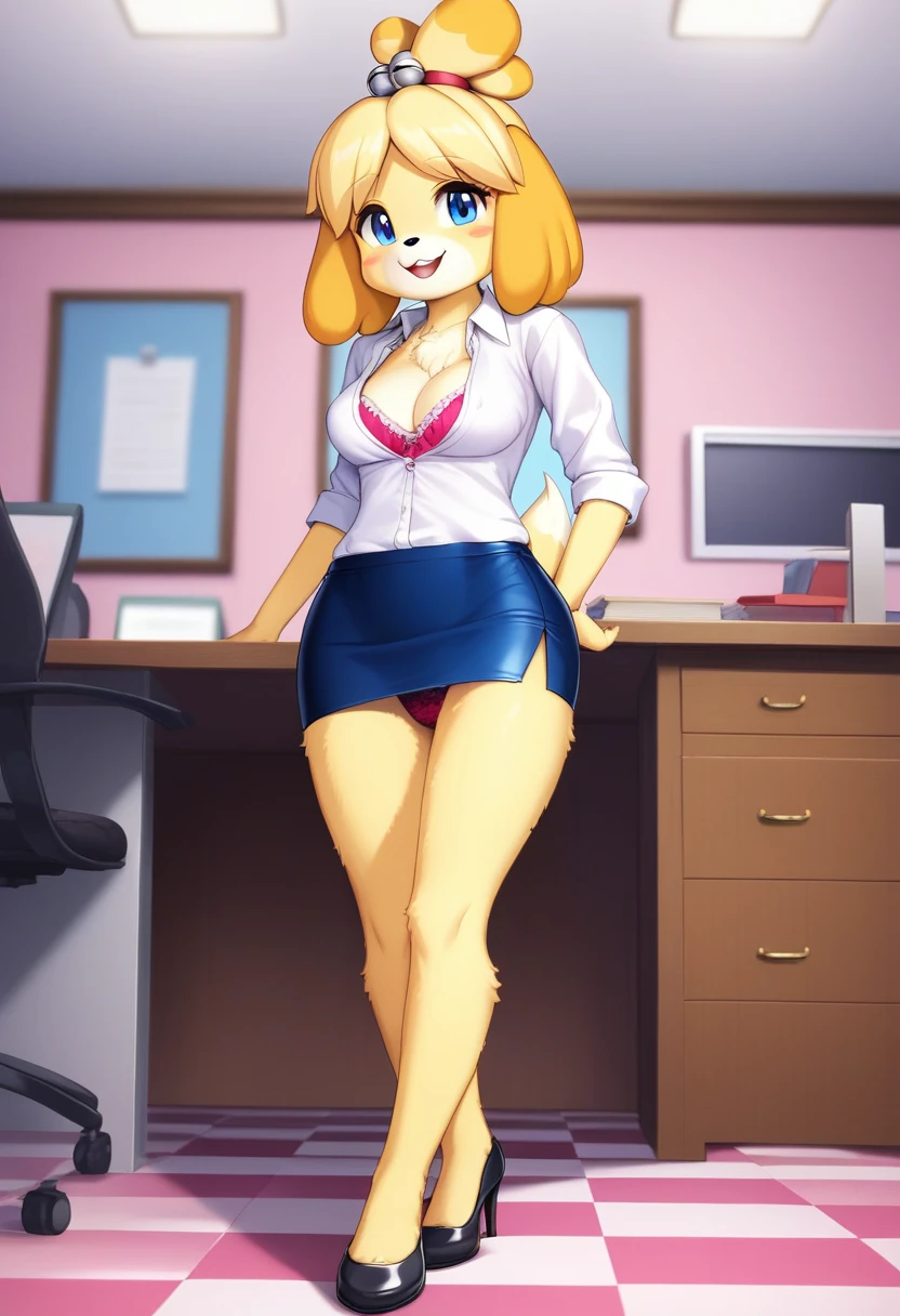 [isaCrossing], [Isabelle; Animal Crossing], [Uploaded to e621.net; (Pixelsketcher)], kemono, dagasi, solo female isabelle \(animal crossing\) with ((tiny and short body with yellow fur)), ((cute body)), (full body), (topknot), (blue eyes), (fluffy tail), ((anthro furry)), ((secretary outfit)), ((wearing a white shirt:1.4)), ((wearing a checkered pink blouse:1.4)), ((wearing a tight dark pink pencil skirt:1.4)), ((cute white lace panties)), ((panties showing)), (cleavage), ((medium breasts)), (detailed fluffy fur), (front view), (viewed from below), (standing), (holding documents), (seductive pose), (looking at viewer), (detailed background, office background, indoors, depth of field, half body shadow, ambient light on the body), (intricate:1), (high detail:1.3), (unreal engine:1.2), (soft focus:1.15), [explicit content, questionable content], (masterpiece, best quality, 4k, 2k, shaded, absurd res)