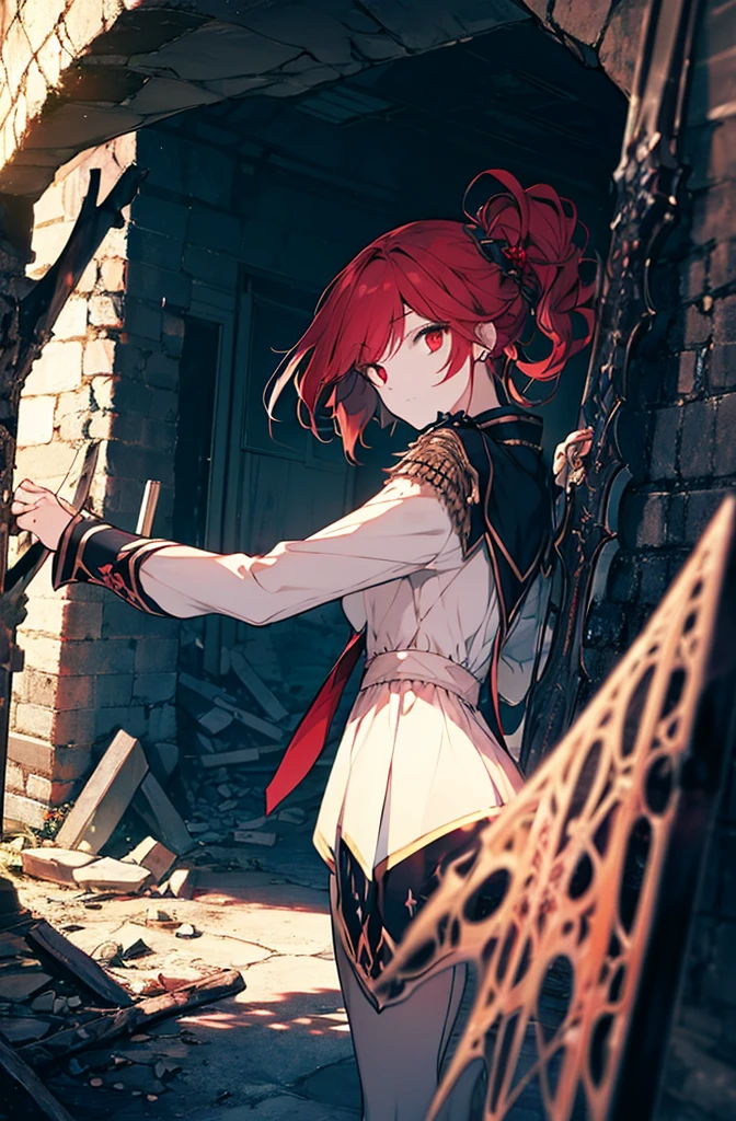 4k,hight resolution,One Woman,Bright red hair,Longhaire,red eyes,knights,white sacred armor,jewel decorations,Big sword,medieval town,furious,((dark cave,ruin place)),