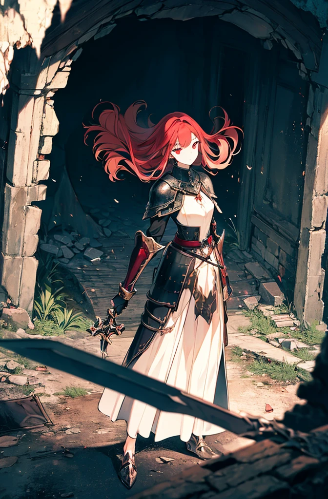 4k,hight resolution,One Woman,Bright red hair,Longhaire,red eyes,knights,white sacred armor,jewel decorations,Big sword,medieval town,furious,((dark cave,ruin place)),