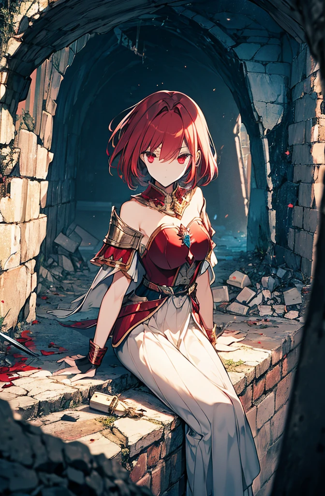 4k,hight resolution,One Woman,Bright red hair,Longhaire,red eyes,knights,white sacred armor,jewel decorations,Big sword,medieval town,furious,((dark cave,ruin place)),