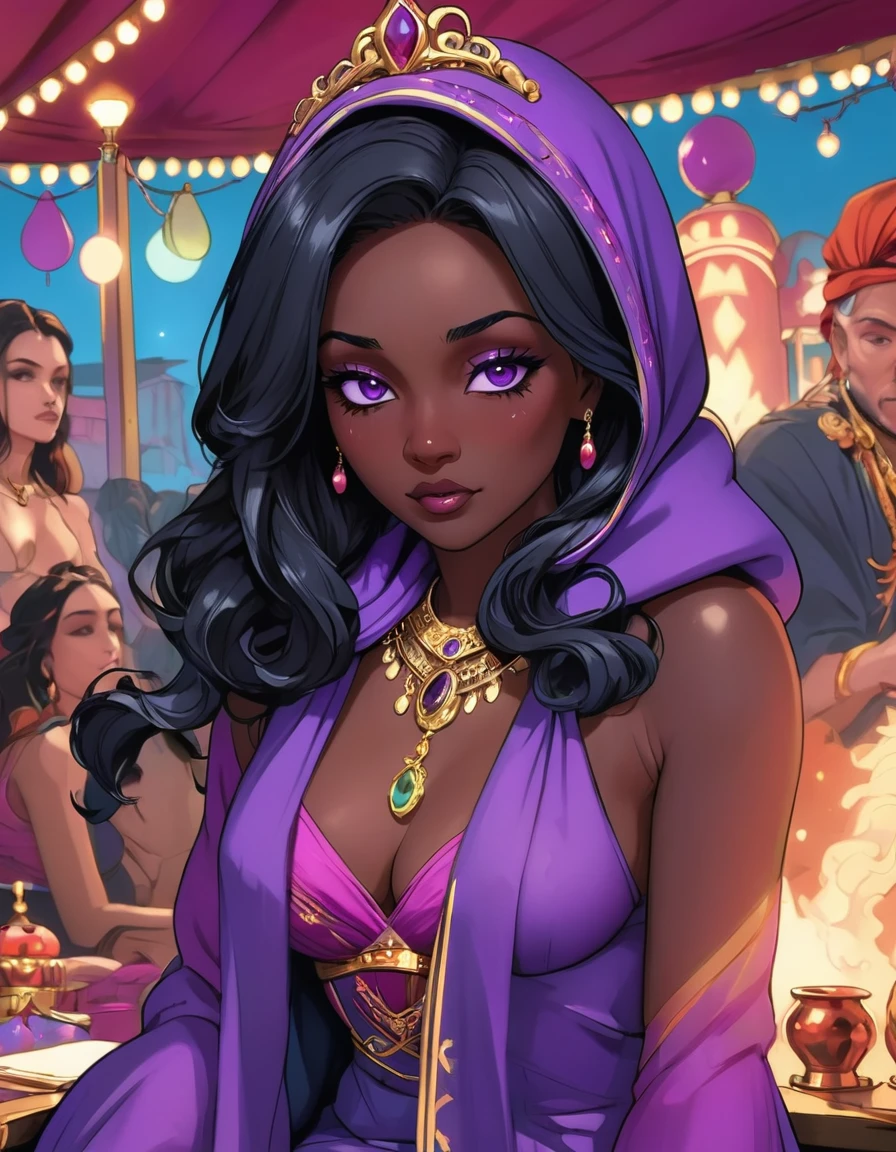 (graphic novel style, dark novel style, comic style, 2d:1.5), (hyperrealism, masterpiece:1.4), (colourful, soft cinematic light:1.1), incredibly lifelike, Extremely high-resolution details, 8k, best quality,extremely detailed, colorful, (open mouth), Low Angle View, circus tent, Gypsy with a glass ball for fortune telling in which spirits are seen sits by the table, black long Waves hair, White Sclera Eye, Fleshy nose, Thin ???? Lips, dark makeup,(jewelry), ((tiara)), ((dark violet hood)), wearing intricate violet clothes, shawl, dark skin, mole under eye, gypsy dress, dark atmosphere, deep shadow, shadow, scream, (glass ball), furnishings of a magic tent for fortune telling,