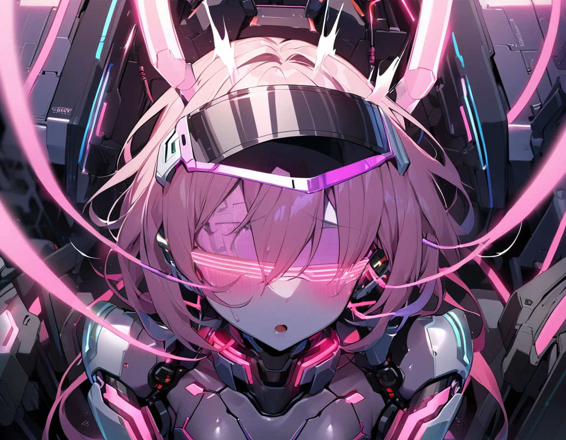 android girl(metallic skin, use eye visor, blind eyes, cyber joint, orgasm), pink light, cable, cable sex,