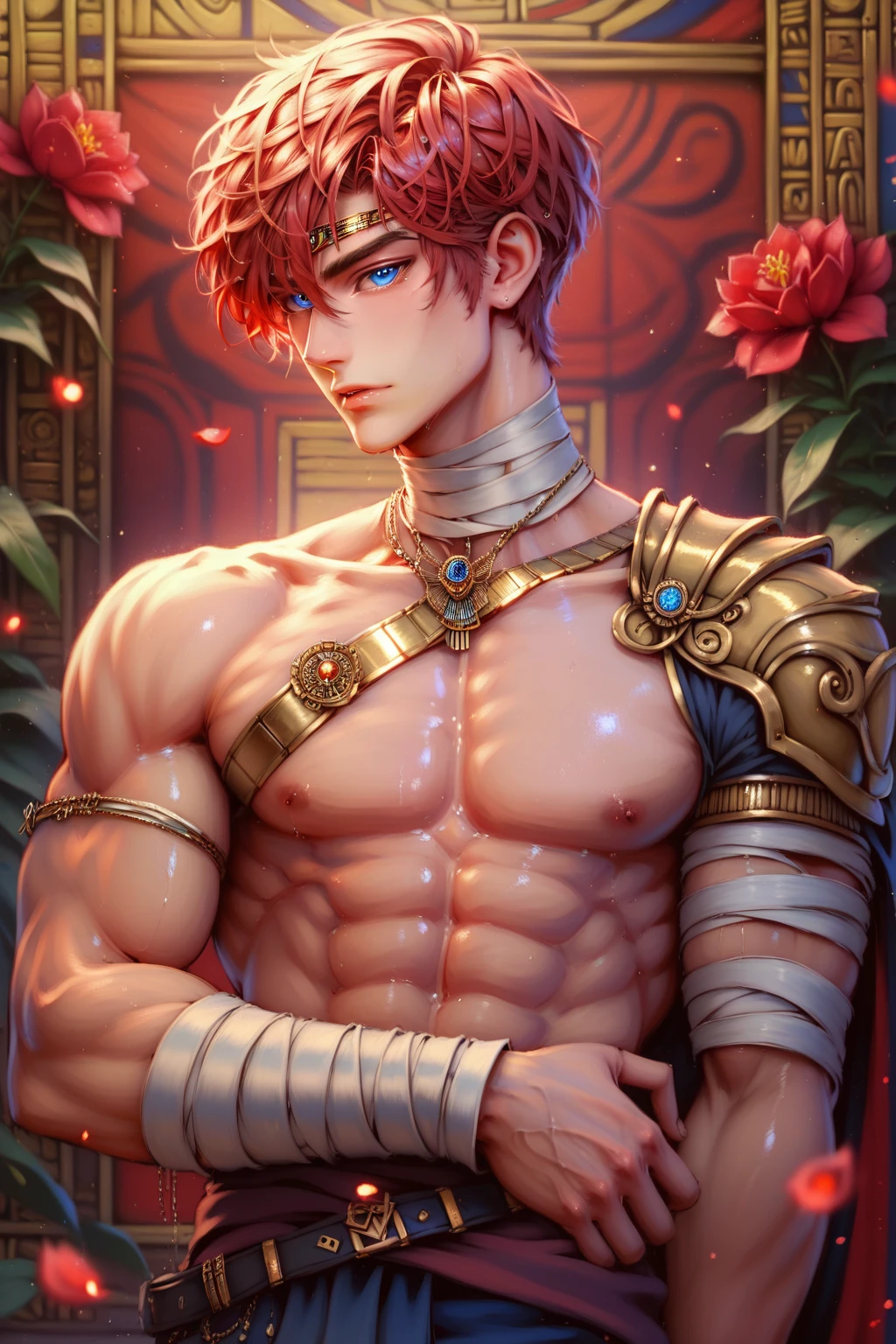 absurdities, High resolution, ultra detailed, HdR, masterpiece, Extremely detailed face and eyes, Red hair, disheveled, bushy eyebrows, White skin, serious, expressive blue eyes, detailed eyes, LOOKING AT THE SPECTATOR, 1 man, 30 year old man, Red hair, rasgos masculines, elegant, magical clothes with golden details, masculine, sorcery clothing, coffee tones clothing, egyptian theme, Complete plan