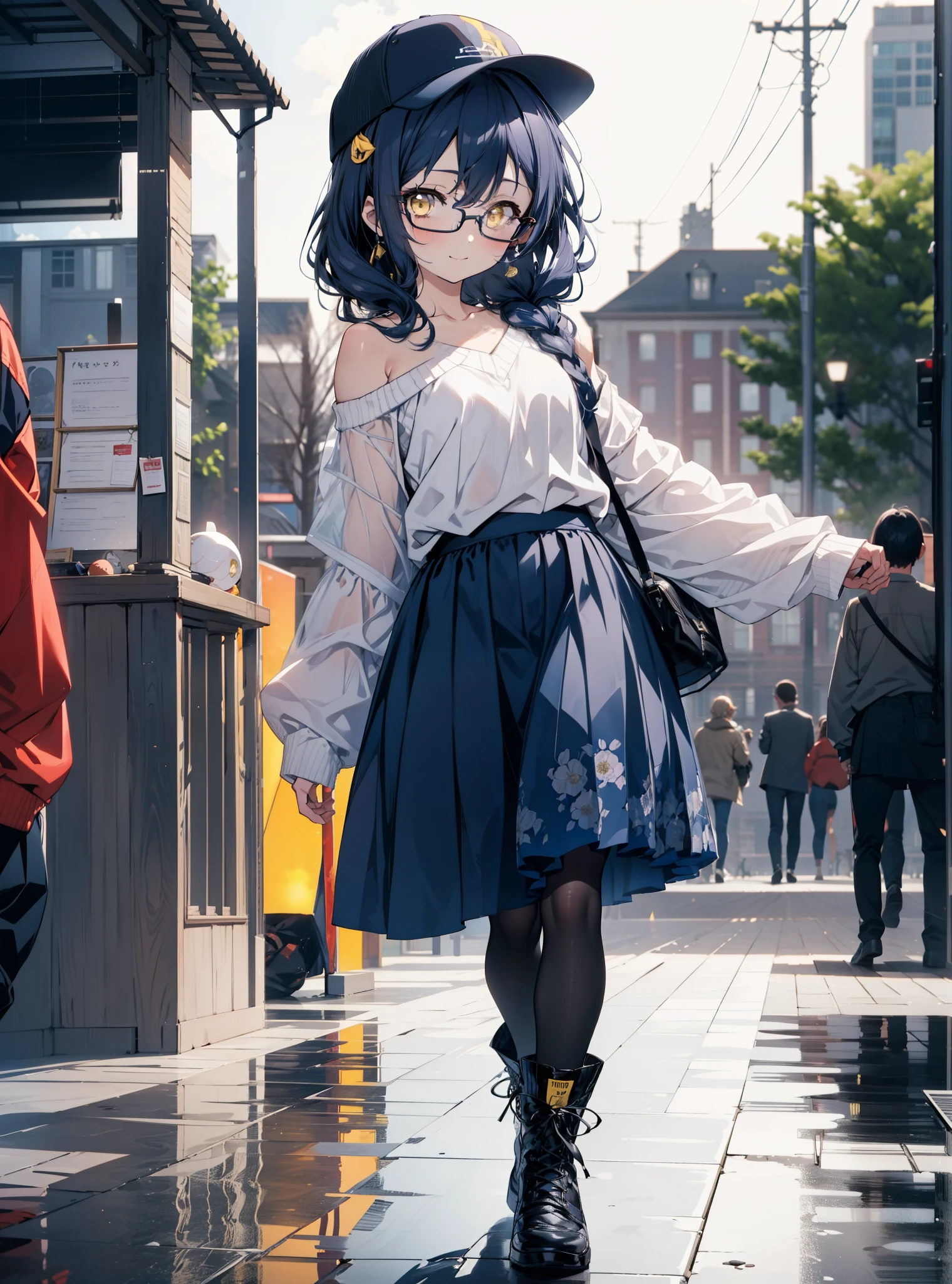 you like it, Umi Sonoda, Long Hair, Blue Hair, (Yellow Eyes:1.5) (Flat Chest:1.2),Blue one-shoulder sweater,Long skirt,Black Pantyhose,short boots,Baseball cap,Black-rimmed glasses,Long braids,smile,walk,morning,morning陽,The rising sun,On the way to school,whole bodyがイラストに入るように,
break looking at viewer,whole body,
break outdoors, station,
break (masterpiece:1.2), Highest quality, High resolution, unity 8k wallpaper, (shape:0.8), (Beautiful attention to detail:1.6), Highly detailed face, Perfect lighting, Extremely detailed CG, (Perfect hands, Perfect Anatomy),