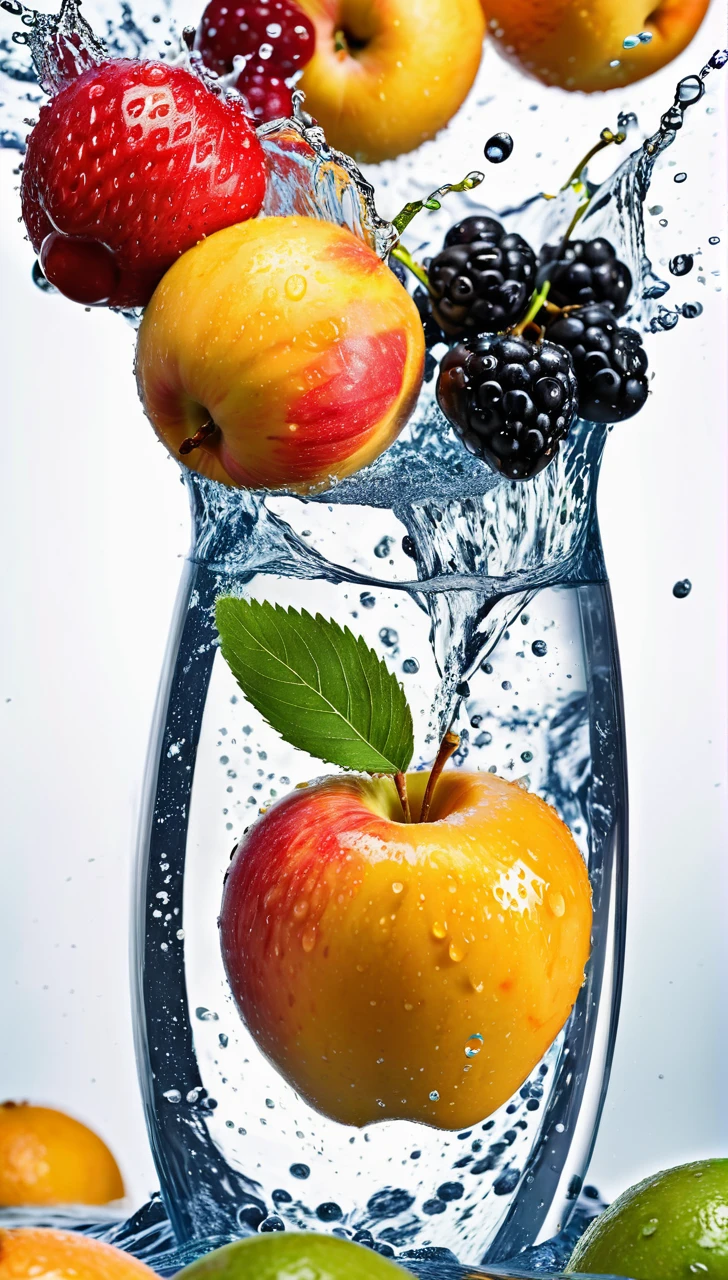This image depicts a vibrant and dynamic arrangement of various fruits surrounded by splashing water, creating a refreshing and appetizing scene.
The fruits visible include:
- Apples (both red and green)
- Oranges (one appears to be cut in half, showing the juicy interior)
- Strawberries
- Cherries
- What looks like a peach or nectarine
- Possibly some berries (like blueberries or blackberries)
The fruits are clustered together, giving the impression that they're sitting in a clear bowl or on a reflective surface. Around and over the fruits, there's a dramatic splash of clear water, with droplets and streams arcing through the air. This water effect adds a sense of motion and freshness to the image.
The background is pure white, which makes the colorful fruits and the transparent water stand out vividly. Some of the fruits and water droplets are reflecting on the surface below, adding depth to the composition.
This type of image is often used in advertising or food photography to emphasize the freshness and appeal of fruit products or to promote healthy eating. The combination of the ripe, colorful fruits with the dynamic water splash creates an engaging and appetizing visual.