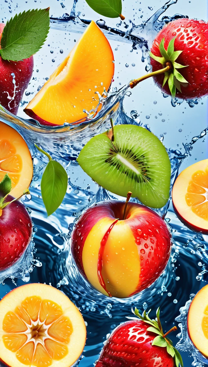 This image depicts a vibrant and dynamic arrangement of various fruits surrounded by splashing water, creating a refreshing and appetizing scene.
The fruits visible include:
- Apples (both red and green)
- Oranges (one appears to be cut in half, showing the juicy interior)
- Strawberries
- Cherries
- What looks like a peach or nectarine
- Possibly some berries (like blueberries or blackberries)
The fruits are clustered together, giving the impression that they're sitting in a clear bowl or on a reflective surface. Around and over the fruits, there's a dramatic splash of clear water, with droplets and streams arcing through the air. This water effect adds a sense of motion and freshness to the image.
The background is pure white, which makes the colorful fruits and the transparent water stand out vividly. Some of the fruits and water droplets are reflecting on the surface below, adding depth to the composition.
This type of image is often used in advertising or food photography to emphasize the freshness and appeal of fruit products or to promote healthy eating. The combination of the ripe, colorful fruits with the dynamic water splash creates an engaging and appetizing visual.