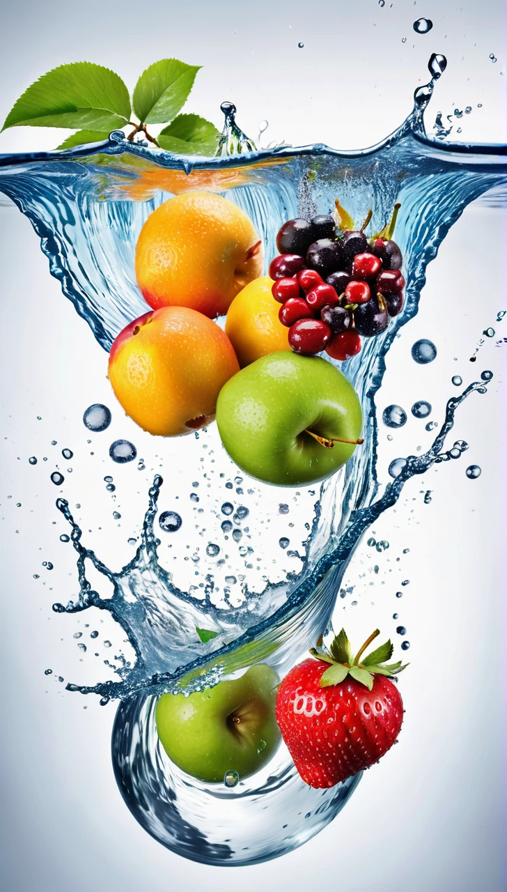 This image depicts a vibrant and dynamic arrangement of various fruits surrounded by splashing water, creating a refreshing and appetizing scene.
The fruits visible include:
- Apples (both red and green)
- Oranges (one appears to be cut in half, showing the juicy interior)
- Strawberries
- Cherries
- What looks like a peach or nectarine
- Possibly some berries (like blueberries or blackberries)
The fruits are clustered together, giving the impression that they're sitting in a clear bowl or on a reflective surface. Around and over the fruits, there's a dramatic splash of clear water, with droplets and streams arcing through the air. This water effect adds a sense of motion and freshness to the image.
The background is pure white, which makes the colorful fruits and the transparent water stand out vividly. Some of the fruits and water droplets are reflecting on the surface below, adding depth to the composition.
This type of image is often used in advertising or food photography to emphasize the freshness and appeal of fruit products or to promote healthy eating. The combination of the ripe, colorful fruits with the dynamic water splash creates an engaging and appetizing visual.