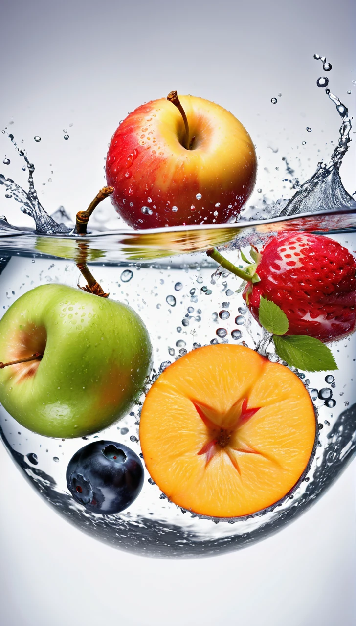 


 This image depicts a vibrant and dynamic arrangement of various fruits surrounded by splashing water, creating a refreshing and appetizing scene.

The fruits visible include:
- Apples (both red and green)
- Oranges (one appears to be cut in half, showing the juicy interior)
- Strawberries
- Cherries
- What looks like a peach or nectarine
- Possibly some berries (like blueberries or blackberries)

The fruits are clustered together, giving the impression that they're sitting in a clear bowl or on a reflective surface. Around and over the fruits, there's a dramatic splash of clear water, with droplets and streams arcing through the air. This water effect adds a sense of motion and freshness to the image.

The background is pure white, which makes the colorful fruits and the transparent water stand out vividly. Some of the fruits and water droplets are reflecting on the surface below, adding depth to the composition.

This type of image is often used in advertising or food photography to emphasize the freshness and appeal of fruit products or to promote healthy eating. The combination of the ripe, colorful fruits with the dynamic water splash creates an engaging and appetizing visual.