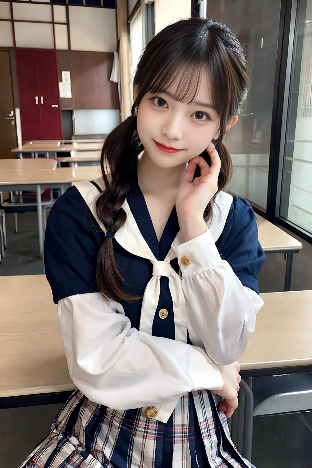 Create an image of a cute Japanese woman with a seductive smile wearing a traditional school uniform。She is wearing a traditional Japanese school uniform consisting of a sailor top and pleated skirt.、like々It emphasizes the beauty and charm of。The hair is neatly styled、Should I wear a ponytail?、It is lowered with a natural shine.。The background is a softly blurred classroom、The warm lighting really brings out her features.。The makeup is subtle but perfect、Particular emphasis is placed on the eyes and lips to bring out her charm.。Confident、She has a slightly playful look on her face.、It exudes charm and vibrancy。It fits her body perfectly、While still maintaining a classic and attractive schoolgirl look.、Make sure it complements her style。