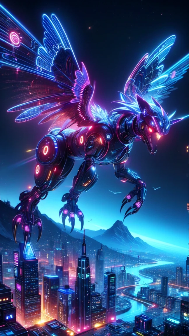 top quality, future world, State-of-the-art robot, flying small puppy, wing, Transformed into a cyborg except for the Head ,