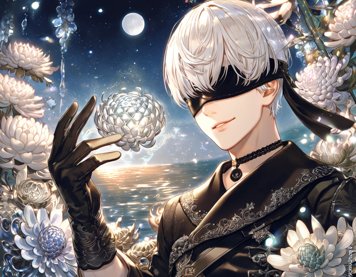 absurdres, highres, ultra detailed, HDR, master piece, best quality, extremely detailed, 9S, white hair, blindfolded, Nier Automata, solo, sexy man, handsome, smile, sensual, black clothes, black gloves, fantasy, water, sparkling, silver glittering fireflies, silver moon, silver blossoms, silver chrysanthemums, silver sparkling lights, starry sky, magical
