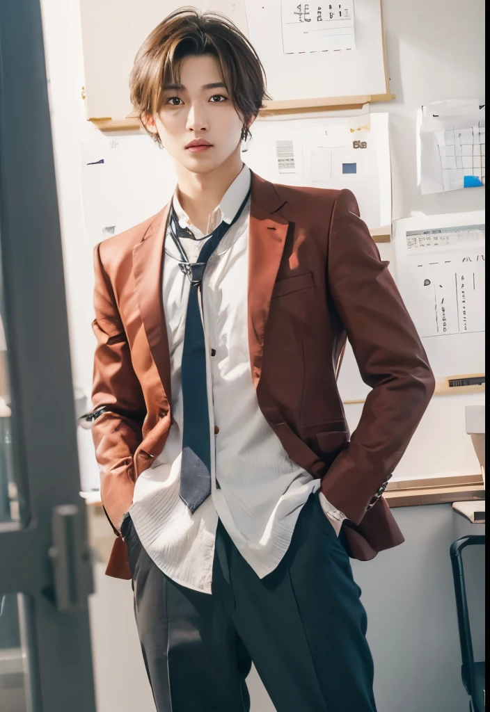 Kyotaka ayanokouji, classroom of the elite, male, brown hair, yellow eyes, lazy face, Asian face, red highschool uniform clothes, aestetik light effect, (high resolution), (ultra-detailed1.2), (masterpiece), (best quality)