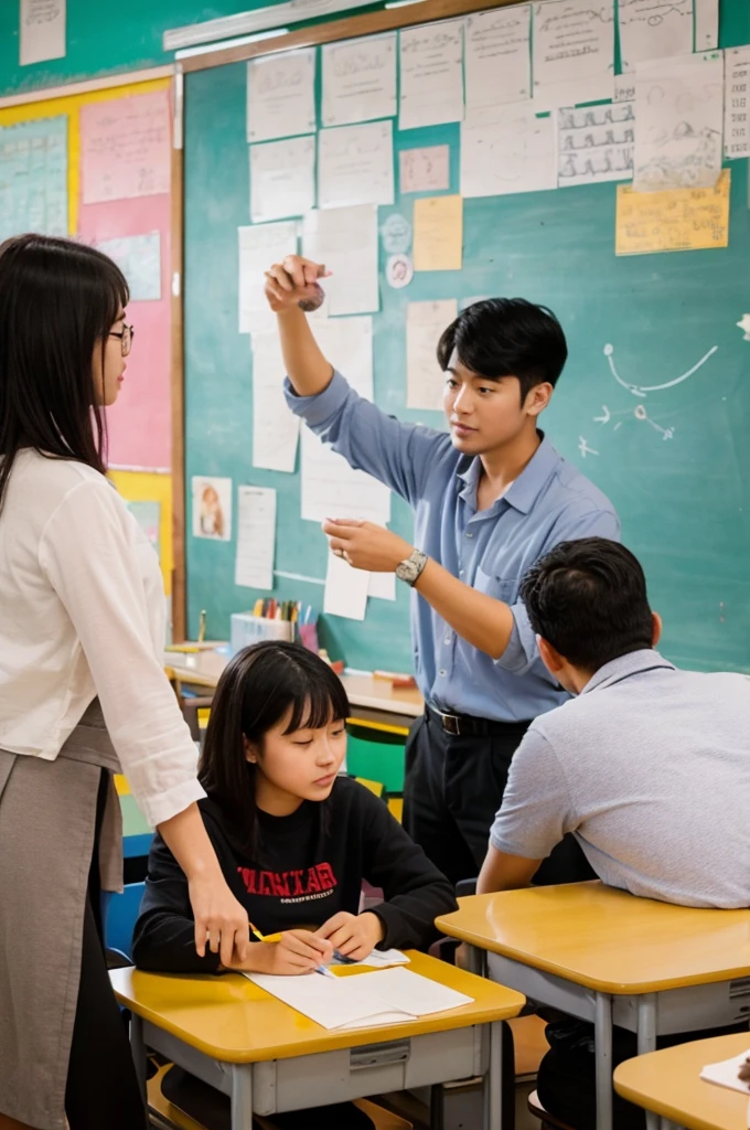 A teacher teaching art and his students