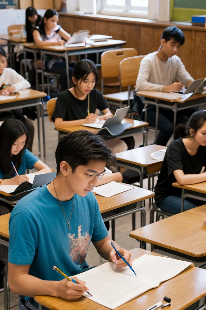 A teacher teaching art and his students