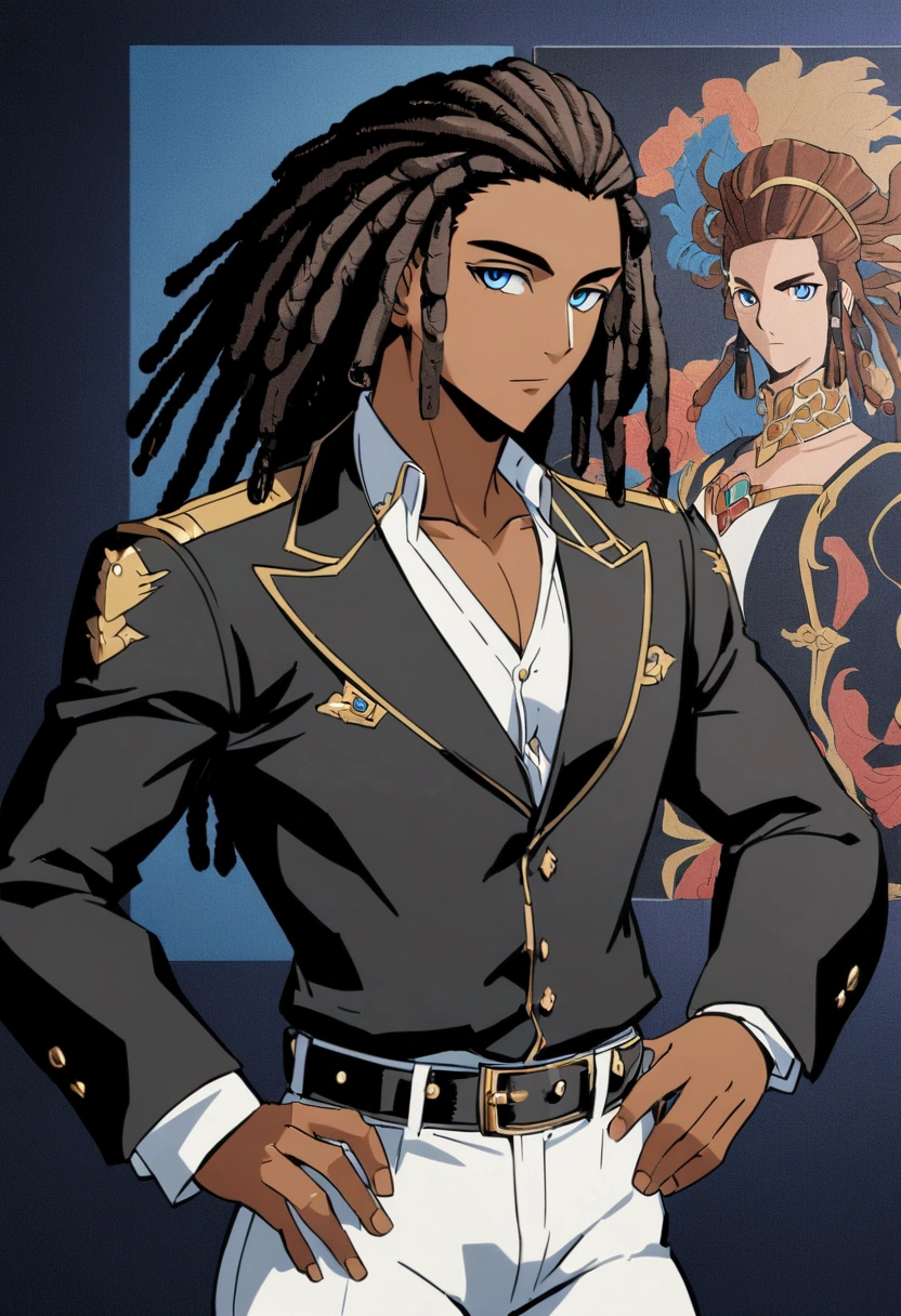 Dark-skinned young man, blue eyes and black jacket, Dreadlocks azul claro, estilo de cabelo dreadlock, not anime style, colourful drawing, unrealistic character concept, Portrait of my character concept, detailed portrait of the character, anime style character, anime style portrait, a character portrait, cel - shaded art style, His outfit consists of a black, unbuttoned blazer with gold buttons on the front of the blazer and at the bottom of the sleeves and he wears a white V-neck shirt, White pants, a large black belt with a gold buckle, a smaller black belt hanging from the side of the hip, and is wearing beige shoes with black buckles, inspirado por King of Fighter