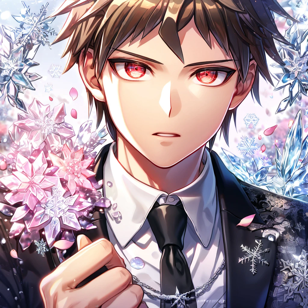 Ultra detailed, HDR, Highres, absurdres, master piece, Hinata Hajime, brown hair, expressive red eyes, black jacket, white shirt, black necktie, Danganronpa, handsome, ice glittering butterflies, ice, petals, ice pink glass flowers, glittering, fantasy, magical, snowflakes, cold, solo, sexy man,