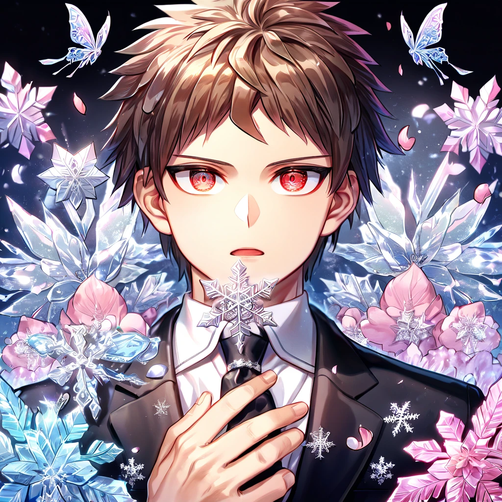 Ultra detailed, HDR, Highres, absurdres, master piece, Hinata Hajime, brown hair, expressive red eyes, black jacket, white shirt, black necktie, Danganronpa, handsome, ice glittering erflies, ice, petals, ice pink glass flowers, glittering, fantasy, magical, snowflakes, cold, solo, sexyn,