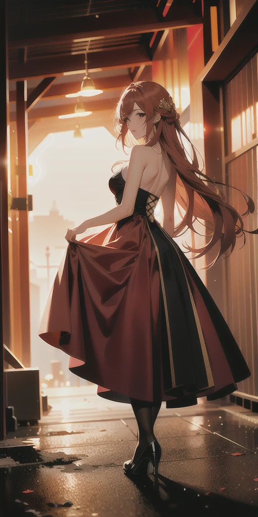 Highest quality, masterpiece, High resolution, One girl,Light red gauze dress,Ash gold hair,My hair reaches down to my knees,Looking back,whole body,In a dark tunnel,The back is shining brightly,A girl is walking towards the back