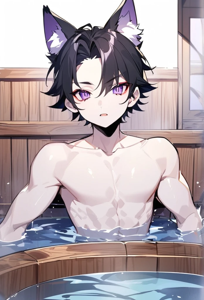 create panel in the art style of mo dao zu shi hybrid character with wolf ears,masculine and dominant gender, short wolfcut black hair , purple raven iris eyes,pale skin, inside a large public bathtub Wooden, sexy expression and slim defined body.