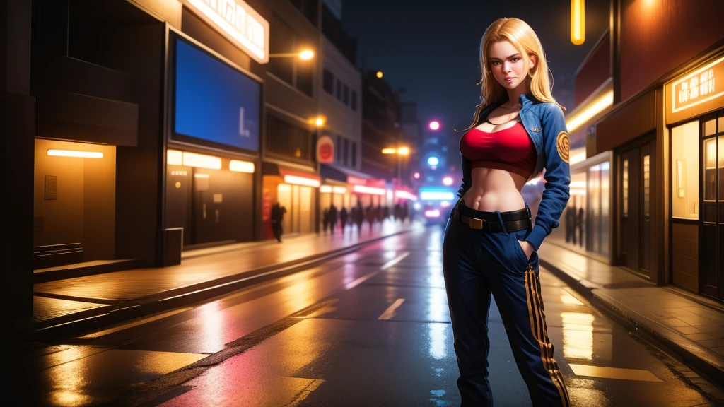 (at night), in a video game scene, a background of a beautiful city at night, raining, alone, standing at attention, red top, blue joggers, large brown belt hanging around her waist ((blond hair) ), 1 girl, 20 years old, young woman, perfect hands, beautiful fingers, beautiful long legs, beautiful body, beautiful nose, beautiful character design, perfect face, looking at viewer with serious gesture (focusing on her face), closed mouth , Light_Smile, official art, extremely detailed CG unity 8k wallpaper, perfect lighting, bright and colorful front lighting, glowing skin (masterpiece: 1.0), (best_quality: 1.0), ultra high resolution, 4K, ultra detailed photography, 8K , HDR, high resolution, absurdities:1.2, Kodak portra 400, film grain, blurred background, bokeh:1.2, lens flare, (vibrant_color:1.2), professional photography, (Beautiful, breasts: 1.4), (beautiful_face: 1.5 ), (narrow waist),
