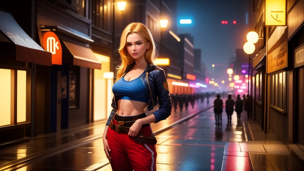 (at night), in a video game scene, a background of a beautiful city at night, raining, alone, standing at attention, red top, blue joggers, large brown belt hanging around her waist ((blond hair) ), 1 girl, 20 years old, young woman, perfect hands, beautiful fingers, beautiful long legs, beautiful body, beautiful nose, beautiful character design, perfect face, looking at viewer with serious gesture (focusing on her face), closed mouth , Light_Smile, official art, extremely detailed CG unity 8k wallpaper, perfect lighting, bright and colorful front lighting, glowing skin (masterpiece: 1.0), (best_quality: 1.0), ultra high resolution, 4K, ultra detailed photography, 8K , HDR, high resolution, absurdities:1.2, Kodak portra 400, film grain, blurred background, bokeh:1.2, lens flare, (vibrant_color:1.2), professional photography, (Beautiful, breasts: 1.4), (beautiful_face: 1.5 ), (narrow waist),
