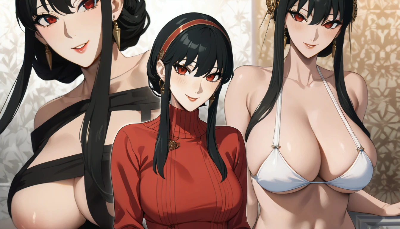 ((ultra quality)), ((work of art)), ((8k)), ((yor)), murderer, ((Bblack hair)), (beautiful face), enchanting, ((happy facial expression)), looks at the camera with a slight smile, (white skin color), (Caucasian skin), body shine, ((beautiful detailed female eyes)), ((Eyes red)), (beautiful female lips), (dark eyeliner), (beautiful female hands), ((ideal female figure)), ideal female body, beautiful waist, beautiful hips, medium breasts, (cloth: red sweater,((high thong panties), ((subtle and beautiful)), lies sedately, ((Depth of field)), ((high quality clear image)), (clear details), ((high détail)), realistically, ((Focus Clear)), アニメ.