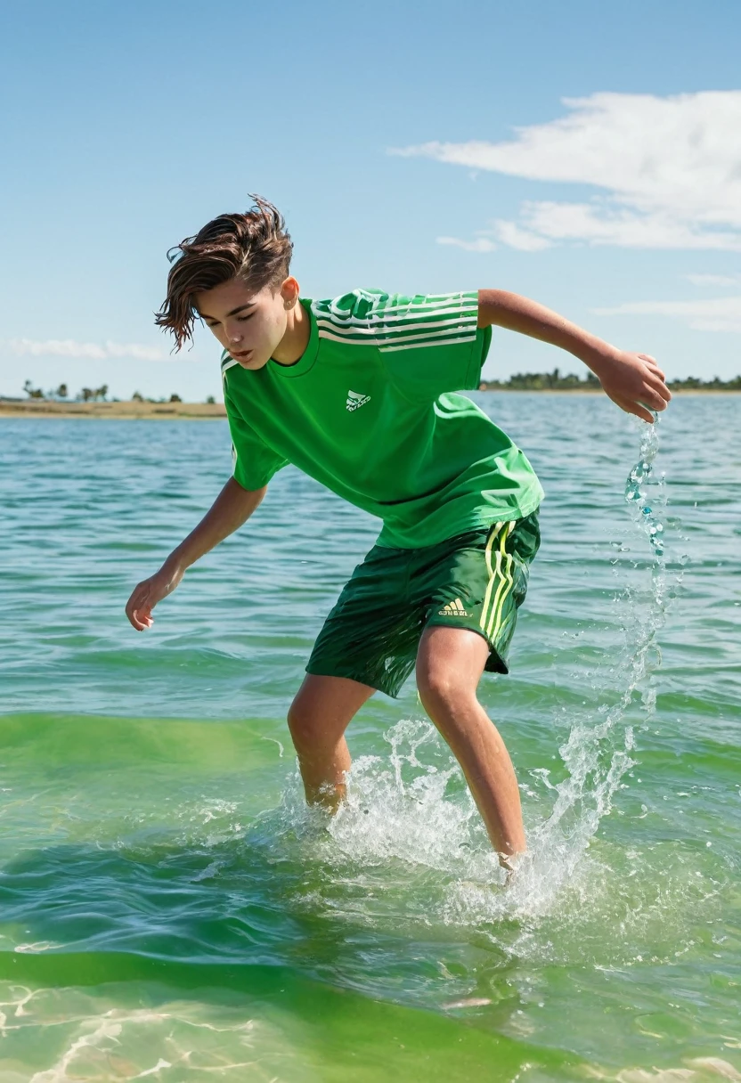 16 year old teenager with good physique playing in the water, adidas oversize shorts, green 3 stripes on shorts