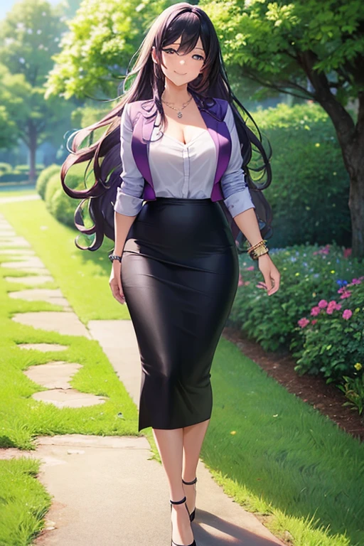 ((masterpiece, best quality, ultra-detailed)), 1girl, beautiful business woman walking through a summer garden, smiling, wearing pink blouse and blazer, bracelet, necklace, black midi pencil skirt, long tight skirt, black business skirt, heels, full body, wavy purple hair